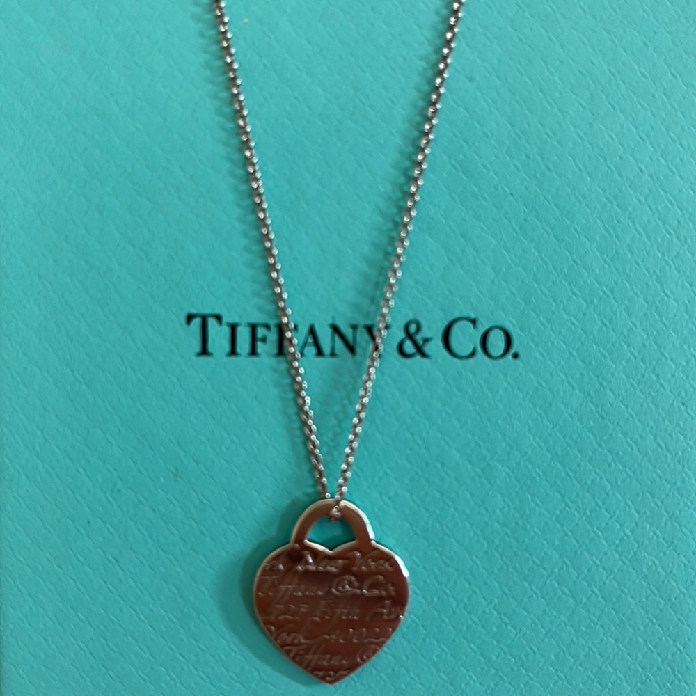 Tiffany script pendant and silver chain (16”)